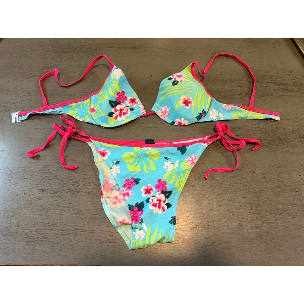 Onshore Tropical Hibiscus Floral Bikini Set Blue Pink Underwire Top Medium 1118